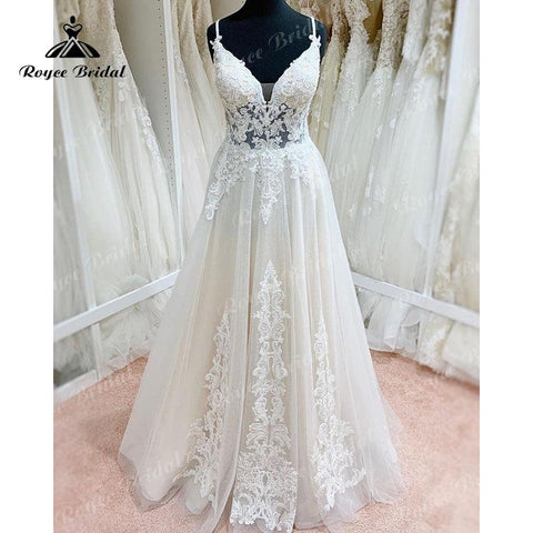 NumberSea Trouwjurk Spaghetti-Trägern Boho Robe Mariee Hochzeitskleid Spitzenapplikation Rückenfreies Brautkleid trajes de novias largos Sexy 2025 