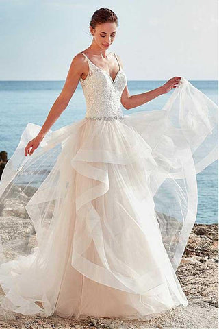 NumberSea Tüll A-Linie Perlenbesetzte Spaghettiträger Rückenfreies Brautkleid, Brautkleid, MW734