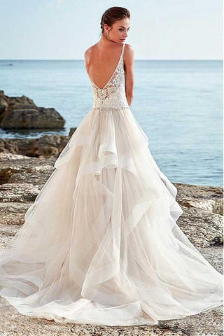 NumberSea Tüll A-Linie Perlenbesetzte Spaghettiträger Rückenfreies Brautkleid, Brautkleid, MW734