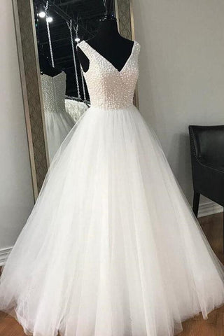NumberSea Tüll A-Linie Bodenlange Brautkleider, Brautkleid mit Perlen, MW620