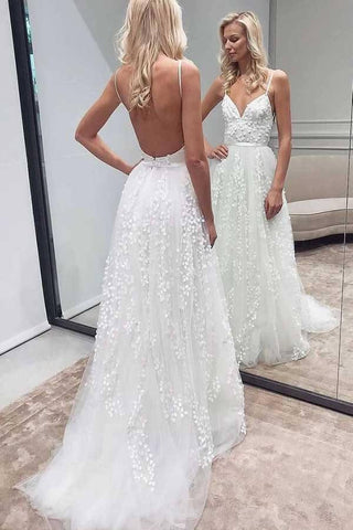 NumberSea Tüll A-Linie Spitze applizierte Spaghettiträger Brautkleid, Brautkleid, MW726