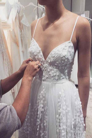 NumberSea Tüll A-Linie Spitze applizierte Spaghettiträger Brautkleid, Brautkleid, MW726