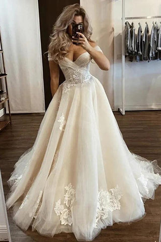 NumberSea A-Linien-Brautkleider aus Tüll mit schulterfreien Trägern und Blumenapplikationen, MW1003