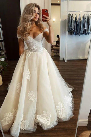 NumberSea A-Linien-Brautkleider aus Tüll mit schulterfreien Trägern und Blumenapplikationen, MW1003