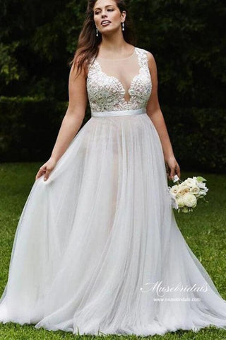 NumberSea Tüll A-Linie U-Ausschnitt Spitzenapplikationen Übergröße Brautkleid, Brautkleid, MW988