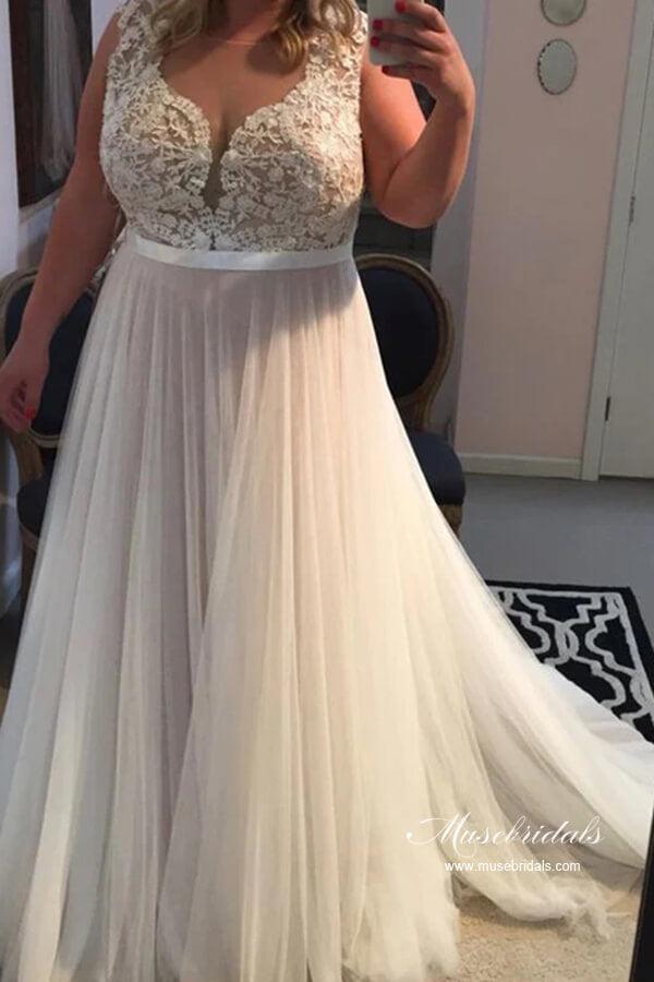 NumberSea Tulle A-line Scoop Lace Appliques Plus Size Wedding Dress, Bridal Gown, MW988