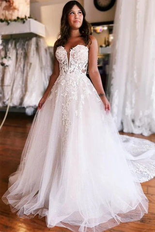 NumberSea Tüll A-Linie trägerloses Prinzessin-Brautkleid mit Spitzenapplikationen, MW1016