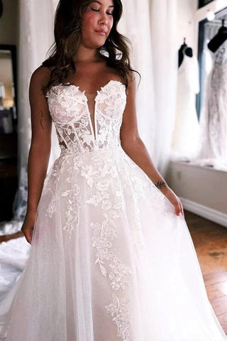 NumberSea Tüll A-Linie trägerloses Prinzessin-Brautkleid mit Spitzenapplikationen, MW1016