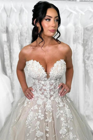 NumberSea Tüll A-Linie Herzausschnitt trägerlos Spitzenapplikation Brautkleid, MW1004