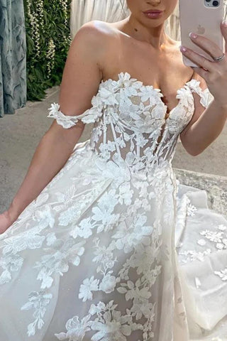 NumberSea A-Linie Tüll Brautkleid mit Herzausschnitt und schulterfreiem Schnitt und Spitzenapplikationen, MW1007