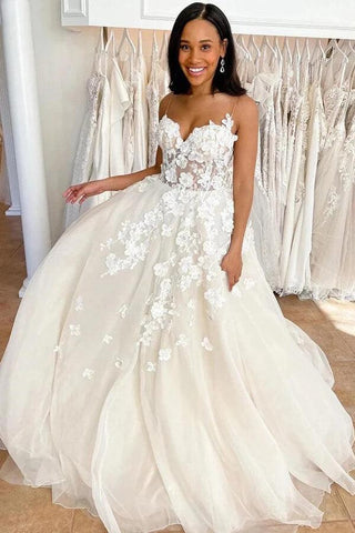 NumberSea Tüll A-Linie Herzausschnitt Spaghettiträger Spitze Brautkleid, Brautkleid, MW767