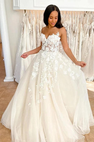 NumberSea Tüll A-Linie Herzausschnitt Spaghettiträger Spitze Brautkleid, Brautkleid, MW767