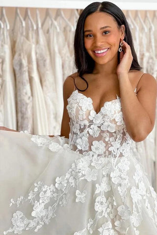 NumberSea Tüll A-Linie Herzausschnitt Spaghettiträger Spitze Brautkleid, Brautkleid, MW767