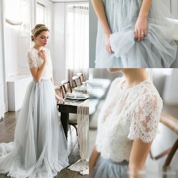 Tulle A-line Two Piece Short Sleeves Wedding Dress With Sweep Train, MW540