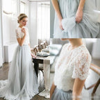 Tulle A-line Two Piece Short Sleeves Wedding Dress With Sweep Train, MW540