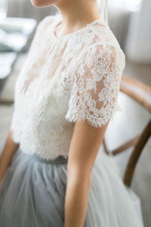Tulle A-line Two Piece Short Sleeves Wedding Dress With Sweep Train, MW540