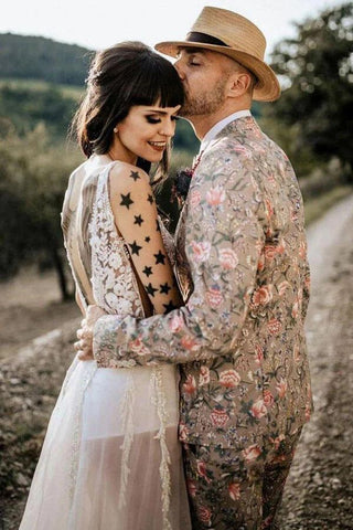 NumberSea Tüll A-Linie V-Ausschnitt Durchsichtiges Strand-Brautkleid mit Schlitz am Oberschenkel, MW982