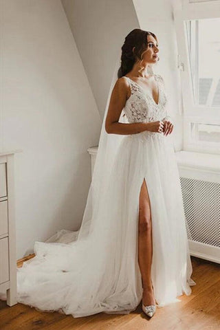 NumberSea Tüll A-Linie V-Ausschnitt Spitze Brautkleid mit Seitenschlitz, Brautkleid, MW808