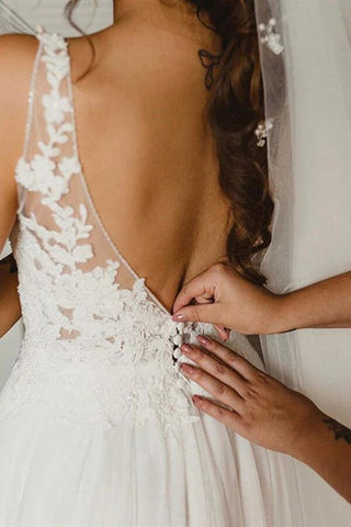 NumberSea Tüll A-Linie V-Ausschnitt Spitze Brautkleid mit Seitenschlitz, Brautkleid, MW808