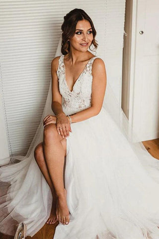NumberSea Tüll A-Linie V-Ausschnitt Spitze Brautkleid mit Seitenschlitz, Brautkleid, MW808