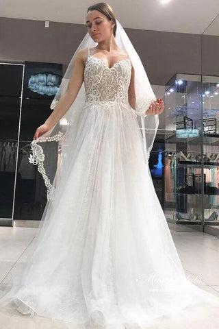 NumberSea Tüll A-Linie V-Ausschnitt Spaghettiträger Rückenfreies Brautkleid mit Spitze, MW998