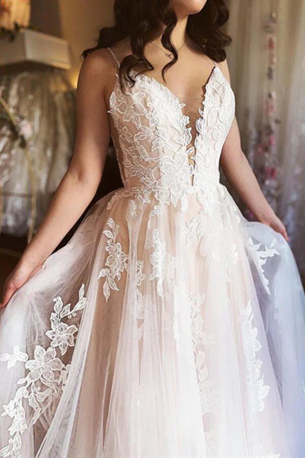 NumberSea Tulle A-line V-neck Spaghetti Straps Wedding Dresses With Lace Appliques, MW759