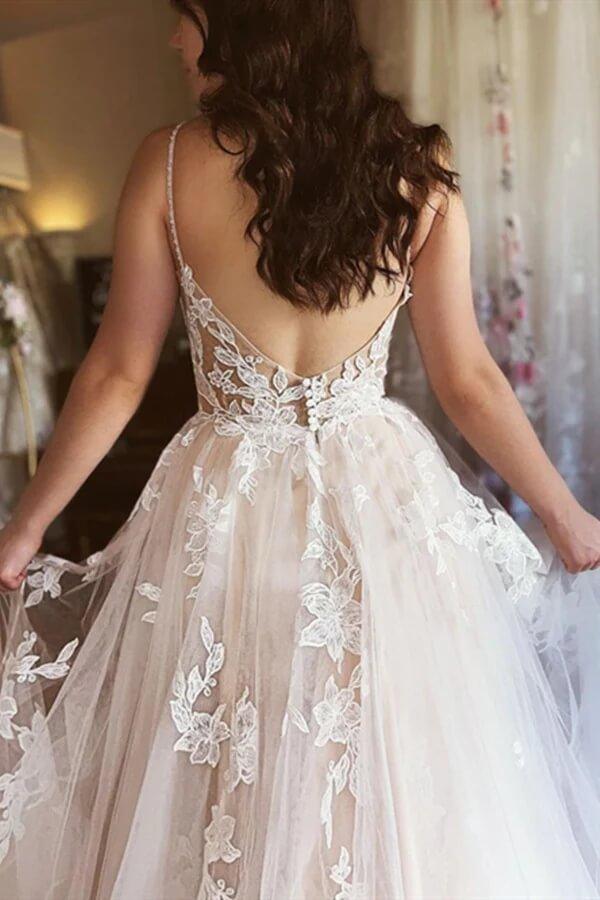 NumberSea Tulle A-line V-neck Spaghetti Straps Wedding Dresses With Lace Appliques, MW759