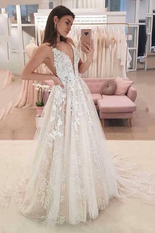 NumberSea Tüll A-Linie V-Ausschnitt Brautkleider mit Spitzenapplikationen, Brautkleid, MW722