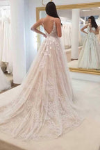 NumberSea Tulle A-line V-neck Wedding Dresses With Lace Appliques, Bridal Gown, MW722