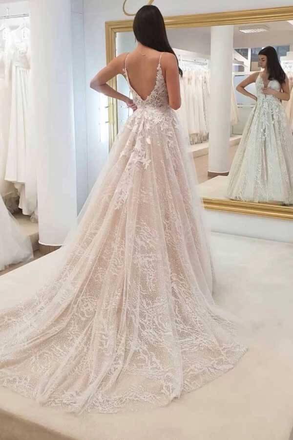 NumberSea Tulle A-line V-neck Wedding Dresses With Lace Appliques, Bridal Gown, MW722