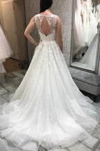 NumberSea Tulle A-line V-neck Wedding Dresses With Lace Appliques, Bridal Gowns, MW818
