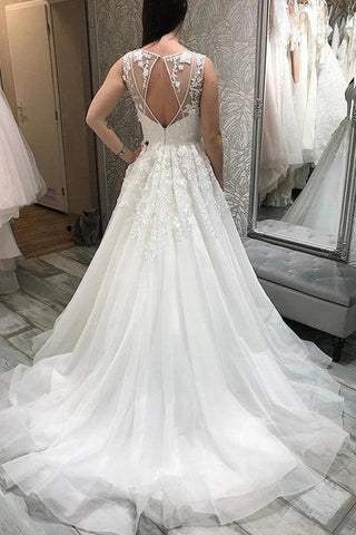 NumberSea Tüll A-Linie V-Ausschnitt Brautkleider mit Spitzenapplikationen, Brautkleider, MW818