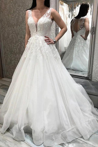 NumberSea Tüll A-Linie V-Ausschnitt Brautkleider mit Spitzenapplikationen, Brautkleider, MW818