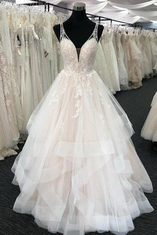 NumberSea Tüll A-Linie V-Ausschnitt Brautkleider mit Spitzenapplikationen, Brautkleid, MW807