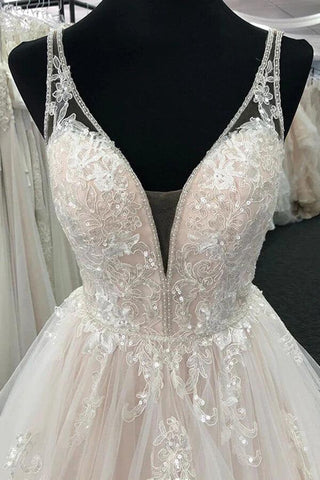 NumberSea Tüll A-Linie V-Ausschnitt Brautkleider mit Spitzenapplikationen, Brautkleid, MW807