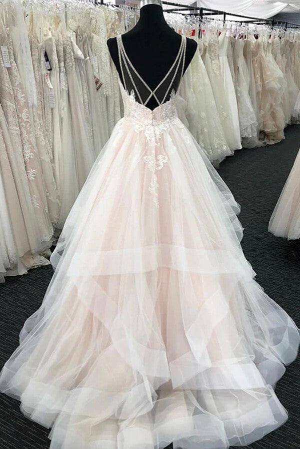 NumberSea Tulle A-line V-neck Wedding Dresses With Lace Appliques, Wedding Gown, MW807