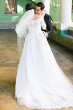 Tüll A-Linie Spitze Langarm Off Shoulder Brautkleid, Brautkleid, MW536