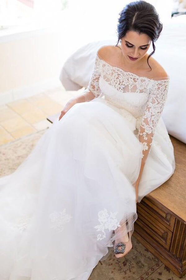 Tüll A-Linie Spitze Langarm Off Shoulder Brautkleid, Brautkleid, MW536