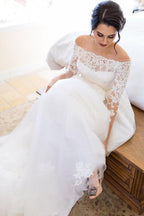 Tüll A-Linie Spitze Langarm Off Shoulder Brautkleid, Brautkleid, MW536