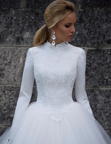 NumberSea Tüll Ballkleid mit hohem Kragen und langen Ärmeln, Brautkleider, MW789