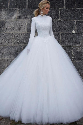 NumberSea Tüll Ballkleid mit hohem Kragen und langen Ärmeln, Brautkleider, MW789