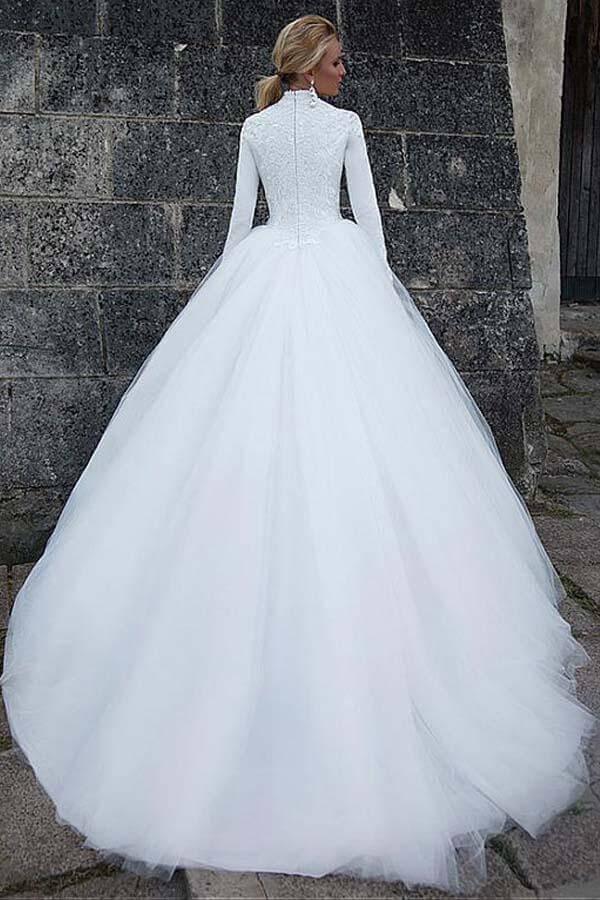 NumberSea Tulle Ball Gown High Collar Long Sleeves Wedding Dresses, Wedding Gown, MW789