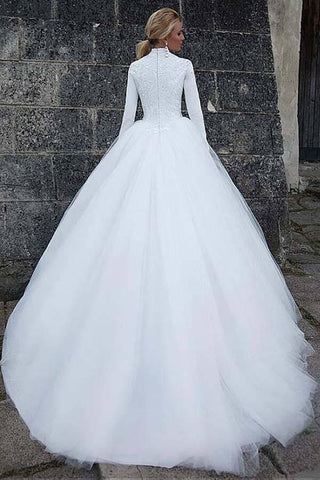 NumberSea Tüll Ballkleid mit hohem Kragen und langen Ärmeln, Brautkleider, MW789