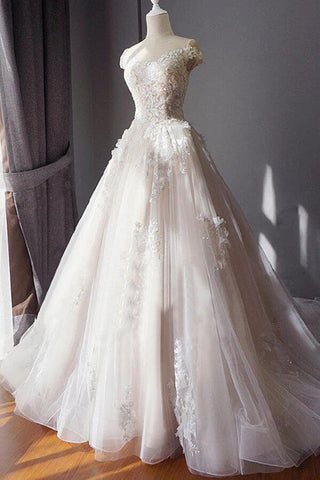 NumberSea Tüll Ballkleid, schulterfrei, Perlen, Spitzenapplikationen, Brautkleider, MW799