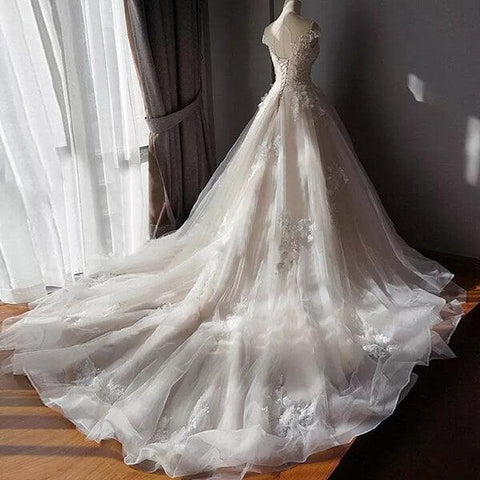 NumberSea Tüll Ballkleid, schulterfrei, Perlen, Spitzenapplikationen, Brautkleider, MW799