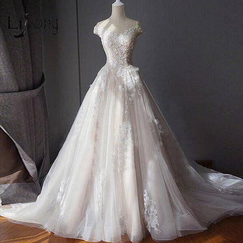 NumberSea Tüll Ballkleid, schulterfrei, Perlen, Spitzenapplikationen, Brautkleider, MW799