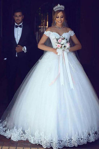 NumberSea Tüll Ballkleid, schulterfrei, appliziert, Brautkleider mit Schleppe, MW566