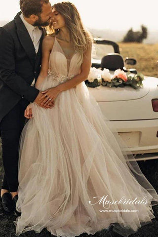 NumberSea Tüll Perlenbesetztes A-Linie Spaghettiträger V-Ausschnitt Strand-Brautkleid, MW984