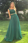Scollatura a V Due Pezzi Abito da Ballo Verde con Appliques PSK245