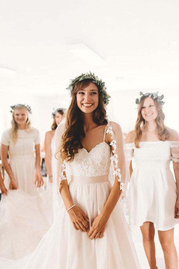 NumberSea Tulle Lace A-line Spaghetti Straps Sweetheart Wedding Dresses With Train, MW652